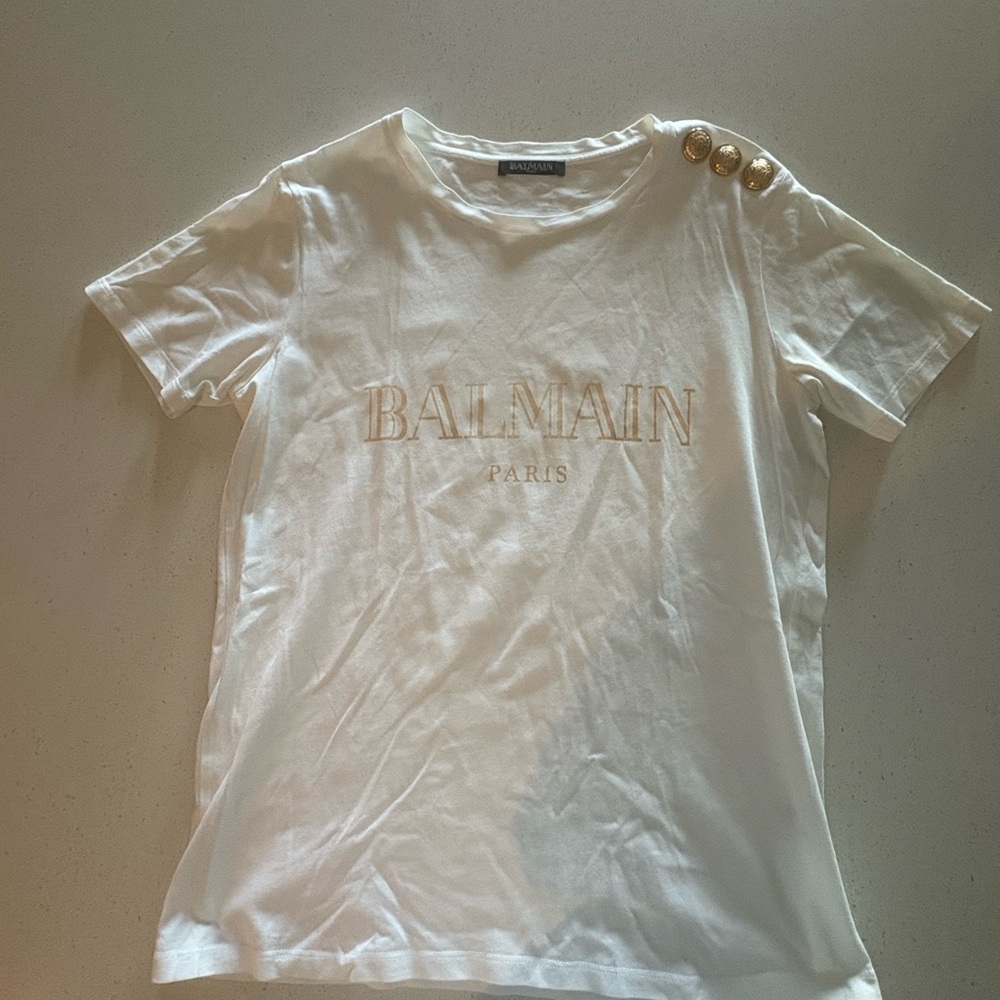 Balmain White T-Shirt with Gold Accents